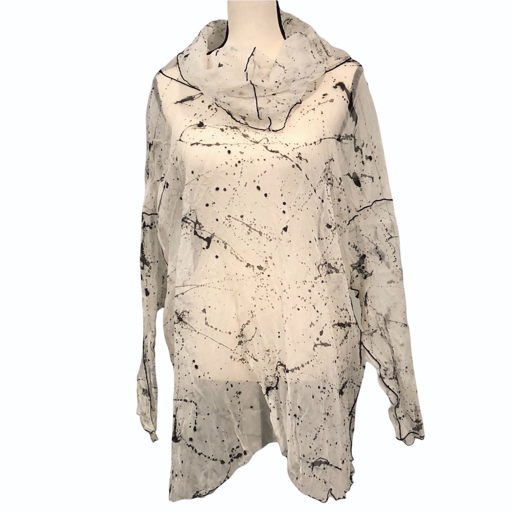 P.S. STUDIO/CHICAGO COWL NECK BLACK SPLATTER PAINT SHEER WHITE TUNIC
